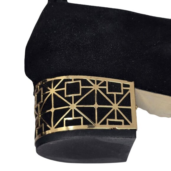 Louise Et Cie Black Suede Peep Toe Heels With Geometric Gold Block Heel Design S - Picture 4 of 7